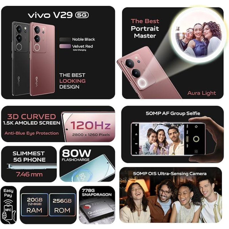 vivo V29 5G (Velvet Red, 12GB+8GB RAM, 256GB) | Slimmest 3D Curved 1.5K  AMOLED 120Hz Display | 50MP AF Group Selfie | Aura Light OIS | Online